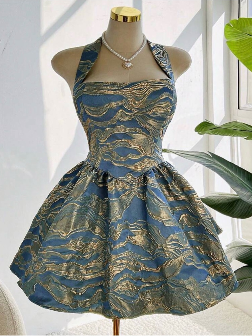 Blue and Gold Halter Fit-and-Flare Dress